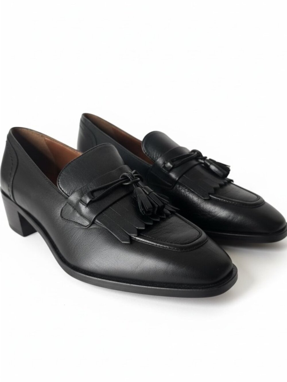 Aquatalia Black Leather Kiltie Loafers Women's Size 10 Block Heel Fringe Italy